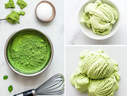 Matcha powder, sugar, and scoops of matcha ice cream displayed in a clean layout.