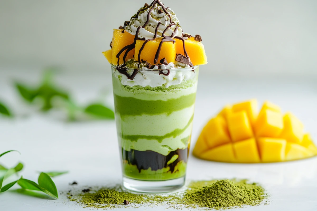 Matcha ice cream parfait with whipped cream, mango slices, and chocolate drizzle, surrounded by matcha powder and green leaves.