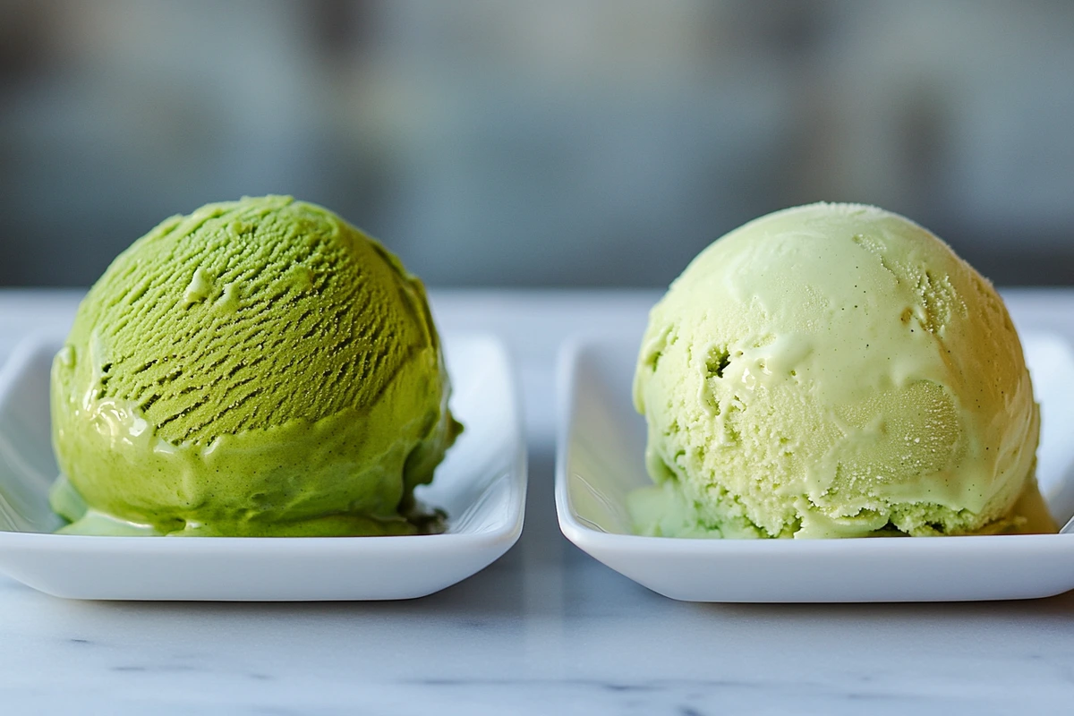 Matcha ice cream vs green tea ice cream side-by-side comparison showing vibrant green and pale green scoops.