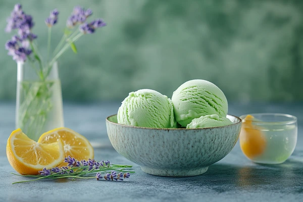 Matcha ice cream in a bowl with lemon slices, lavender flowers, and a glass of infused water in the background.