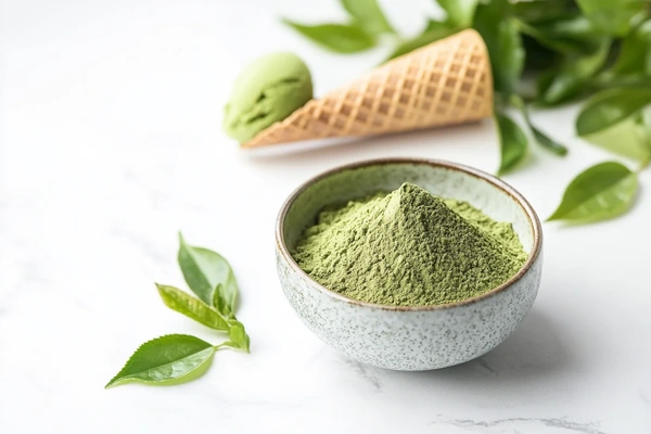 Matcha powder in a bowl with green tea ice cream in a cone and fresh tea leaves nearby.