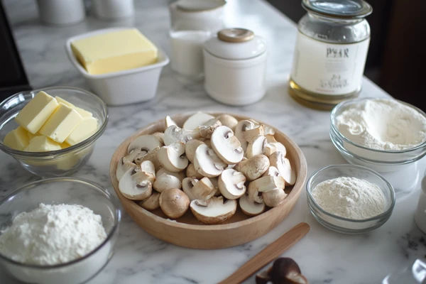 Fresh sliced mushrooms in a wooden bowl surrounded by butter, flour, and other cooking ingredients on a marble countertop