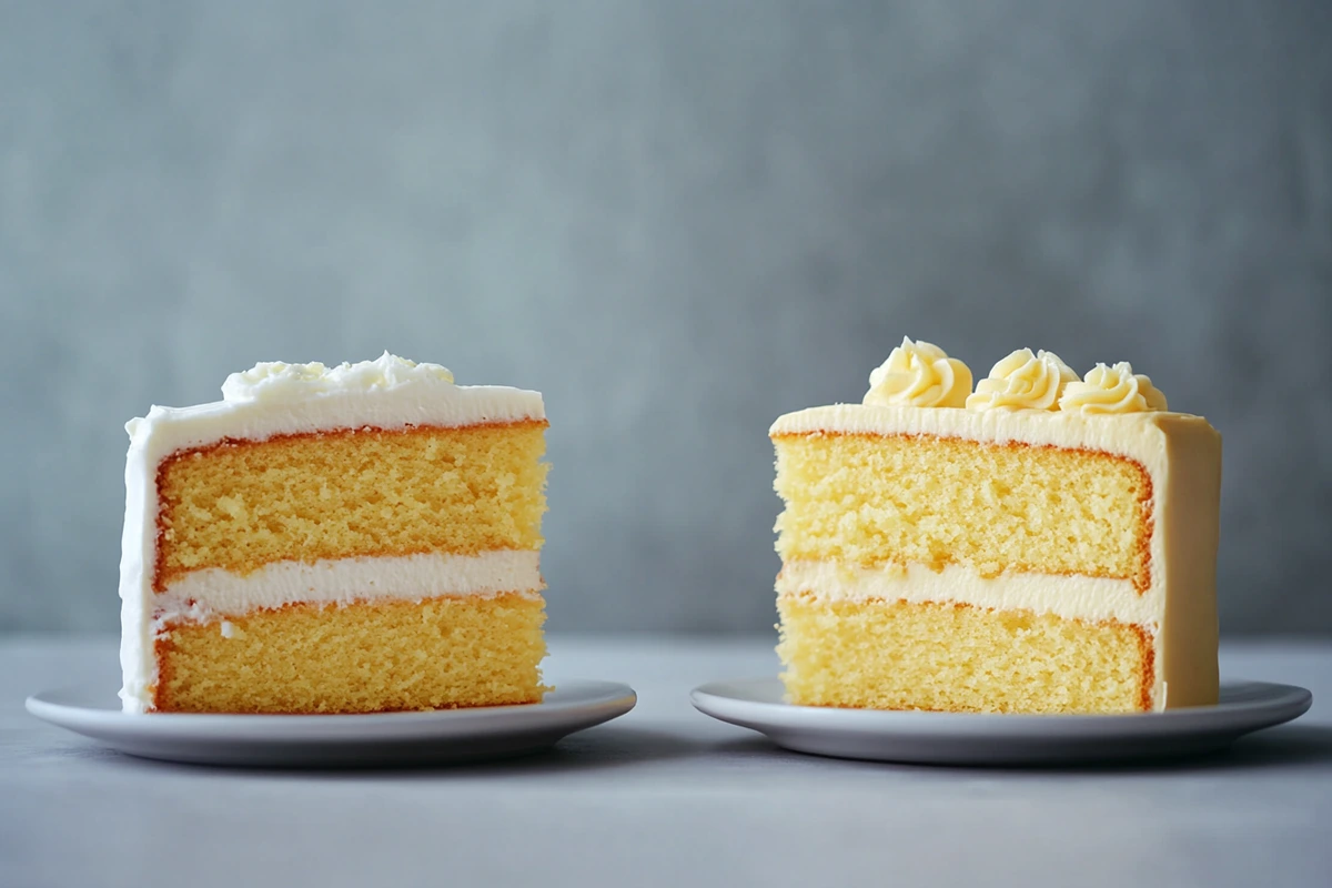 A side-by-side comparison of two cake slices: a butter-based carrot cake with a dense texture and an oil-based carrot cake with vibrant orange layers and a moist crumb, showcasing why butter is not used in carrot cake.