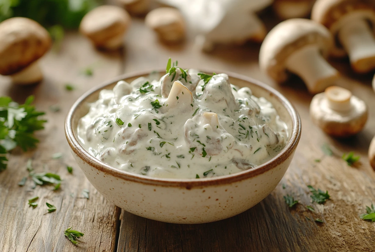 A rustic bowl of creamy mushroom sauce garnished with parsley, surrounded by fresh mushrooms and herbs on a wooden table