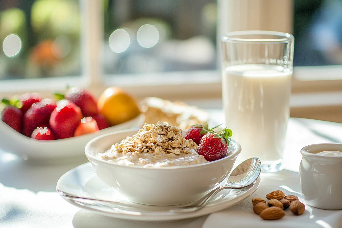 Bowl of overnight oats with flaxseed and chia seeds topped with strawberries, next to a glass of milk and almonds on a white table.