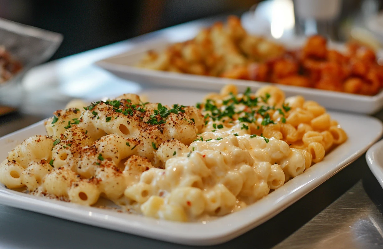 Creamy mac and cheese served with different pasta types, including cavatappi and elbow macaroni, showcasing the best pasta types for the creamiest mac and cheese.