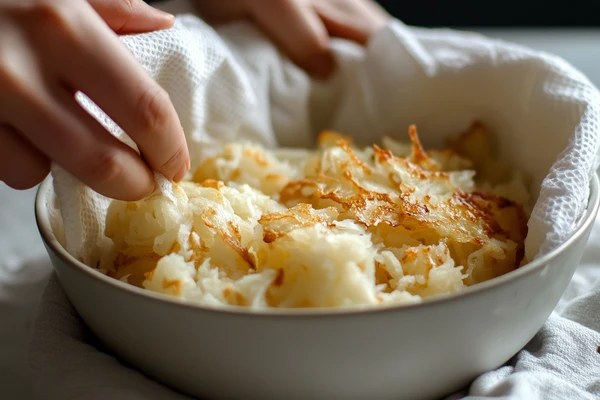 Hands patting thawed hash browns dry with a cloth in a bowl, showcasing the process of preparing hash browns for casserole.