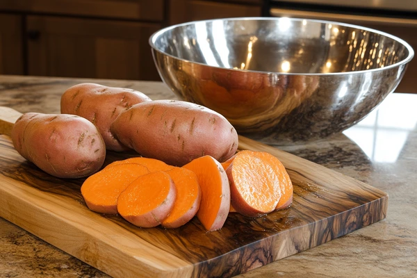 Sliced sweet potatoes prepared for soaking before baking.