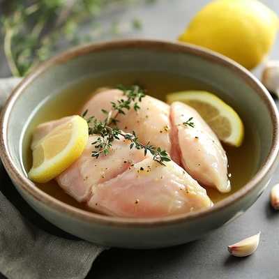 Raw chicken marinating in lemon juice with thyme, lemon slices, and garlic in a ceramic bowl