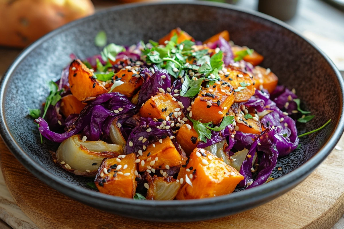 Roasted cabbage and sweet potato bowl with caramelized vegetables, sesame seeds, and fresh herbs in a black dish.