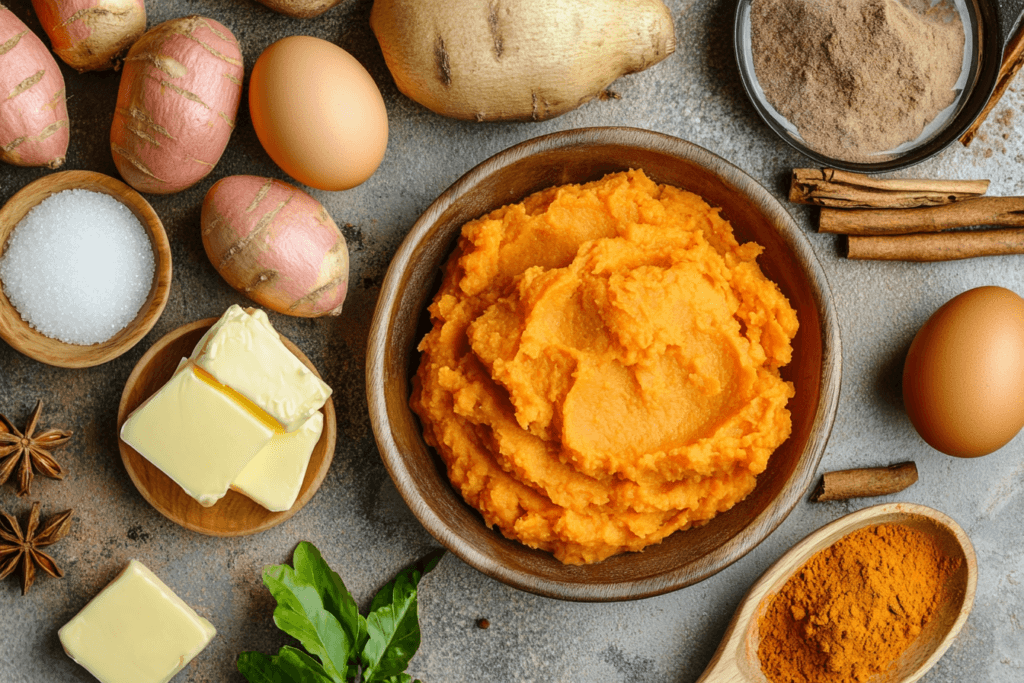 ngredients for Savannah Classics sweet potato casserole, including fresh sweet potatoes, butter, eggs, and spices.