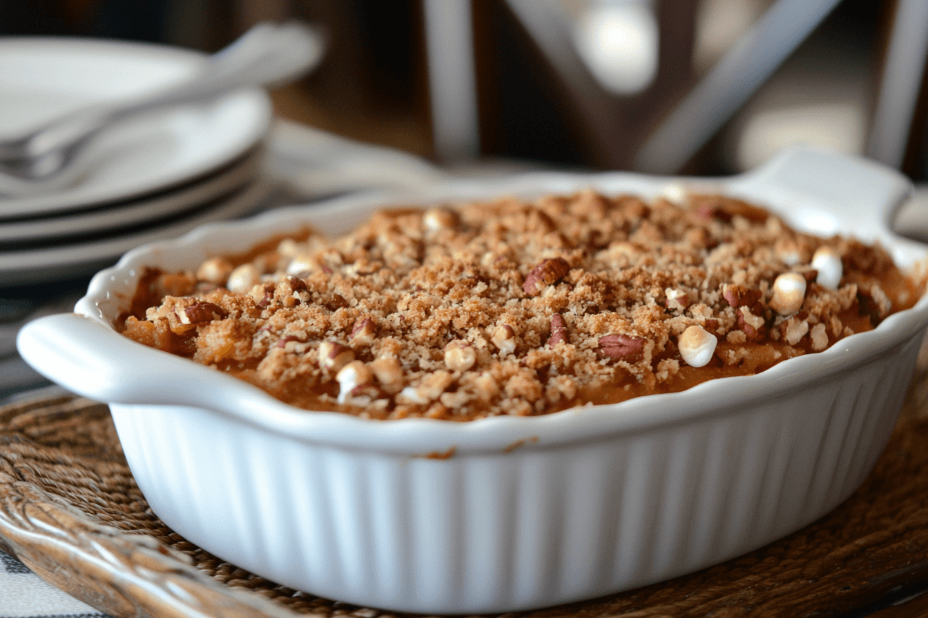 Savannah Classics sweet potato casserole with pecan streusel and marshmallow topping, freshly baked in a white dish.