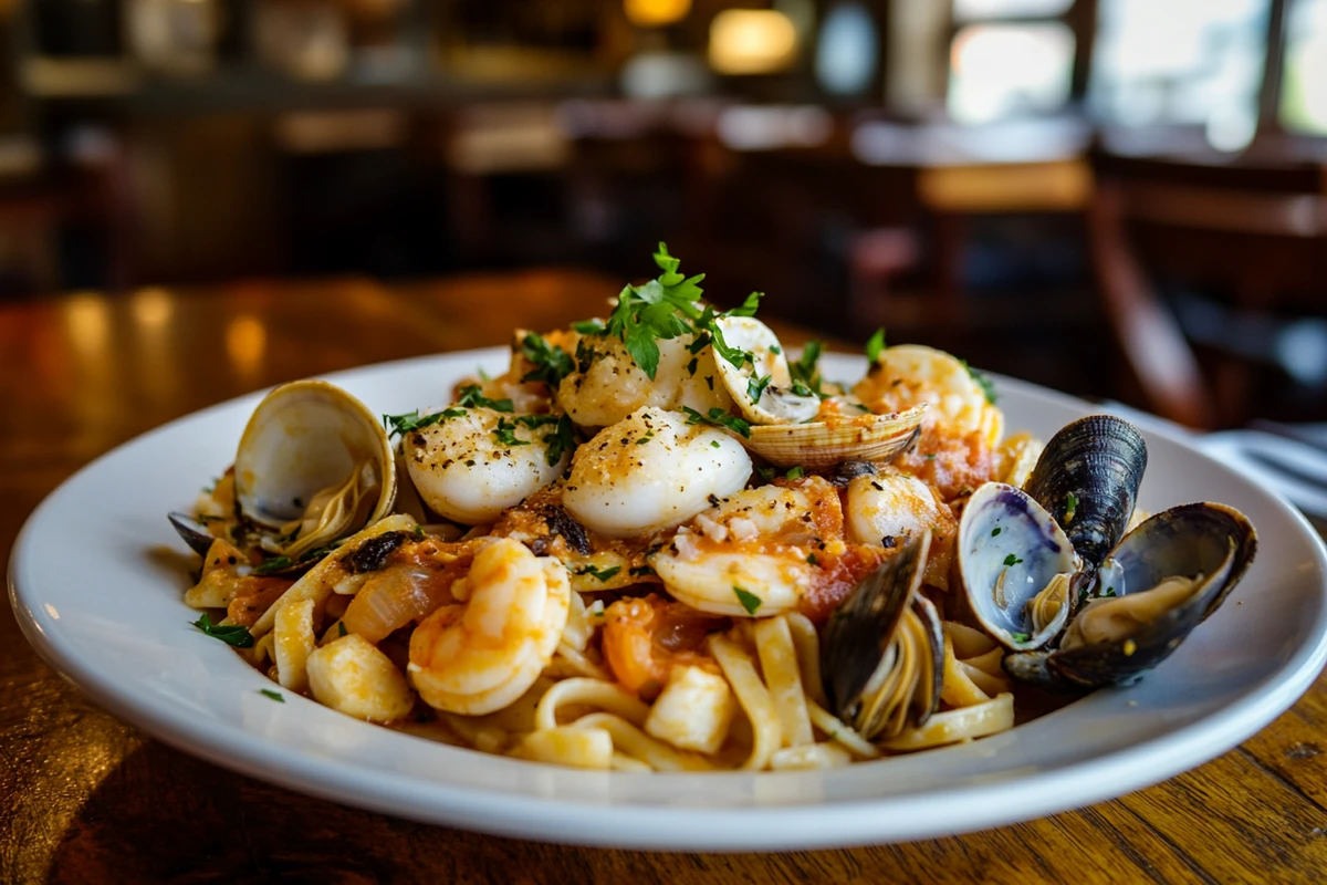 Seafood pasta featuring linguine with scallops, shrimp, clams, and a tomato-based sauce garnished with parsley.