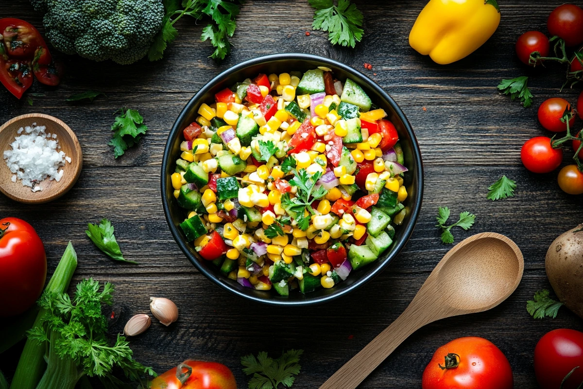 Shoepeg Corn Salad Recipe in a bowl with yellow corn, bell peppers, cherry tomatoes, and fresh herbs on a rustic table.