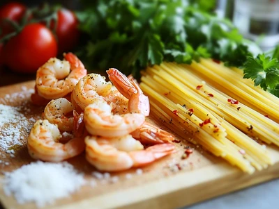 Fresh shrimp, uncooked spaghetti, parsley, and tomatoes arranged on a cutting board for a shrimp pasta recipe.

