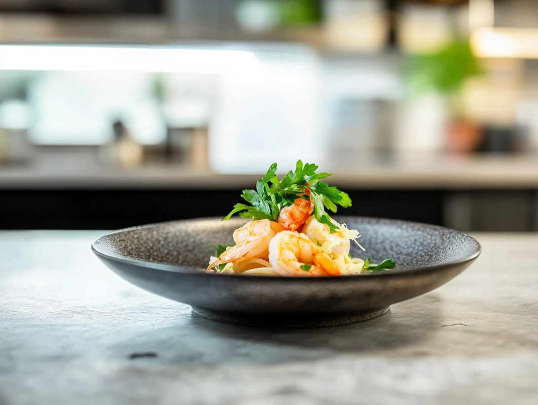 A delicious shrimp pasta dish garnished with parsley served on a black plate.