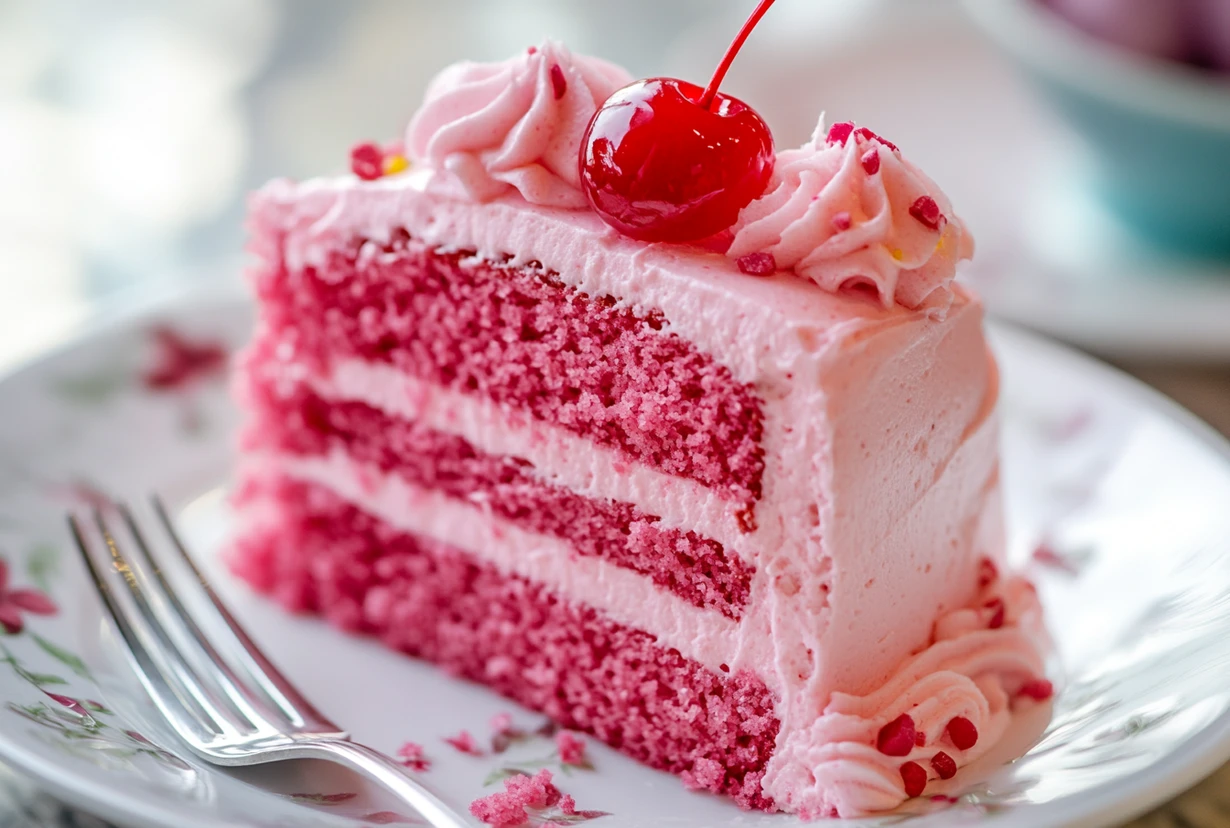 A slice of Cherry Chip Cake with pink frosting, layered with cream, and topped with a maraschino cherry on a floral plate.