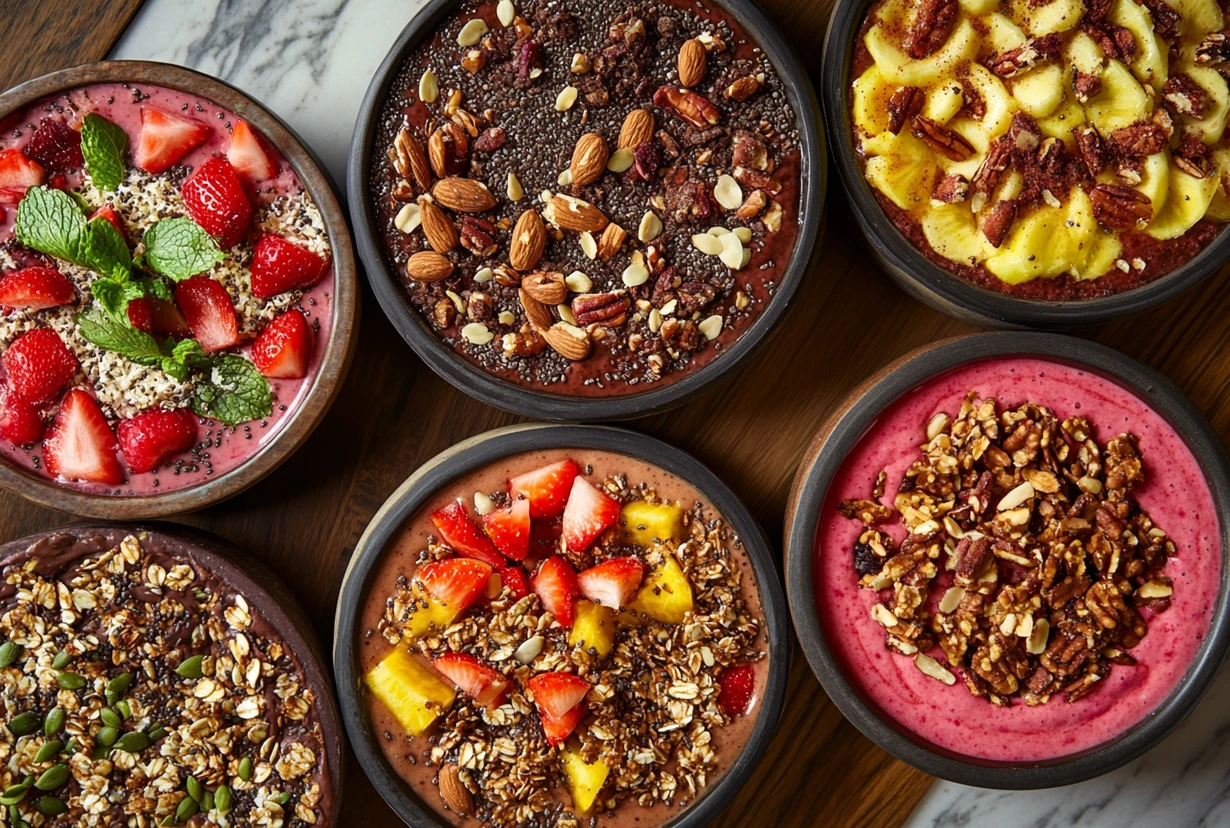 A selection of smoothie bowls topped with fruits, nuts, and granola, made with alternatives instead of yogurt in a smoothie bowl.