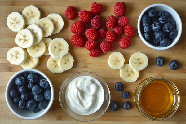 Fresh bananas, raspberries, blueberries, yogurt, and honey arranged on a cutting board, illustrating how to add yogurt to a smoothie.