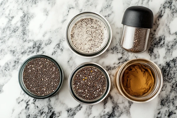 Jars of chia seeds, flax seeds, and a soaked mixture on a marble surface, ready for soaking overnight.