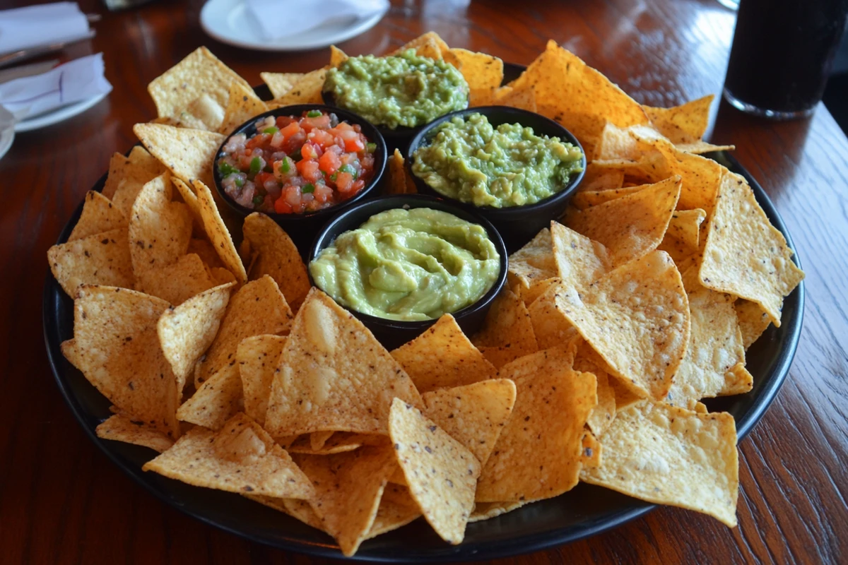 Tortilla chips served with guacamole, salsa, and creamy avocado dips to spice up chips.