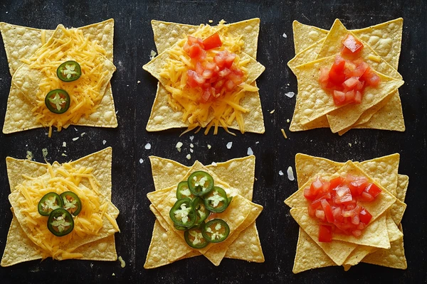 Spice up chips with fresh toppings like cheese, jalapeños, and tomatoes for a flavorful snack.