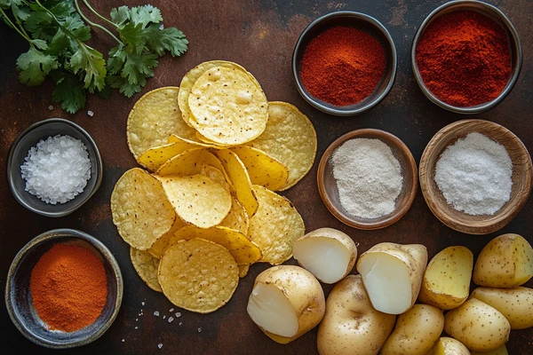 Ingredients for spicy chips, including potatoes, chili powder, paprika, salt, and seasonings on a rustic surface.