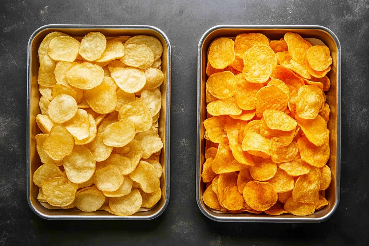 Homemade spicy chips next to regular chips, highlighting the bold flavor and color of spicy chips.