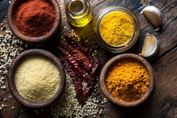 A collection of seasoning ingredients, including chili powder, turmeric, dried peppers, garlic, and oil on a wooden surface.