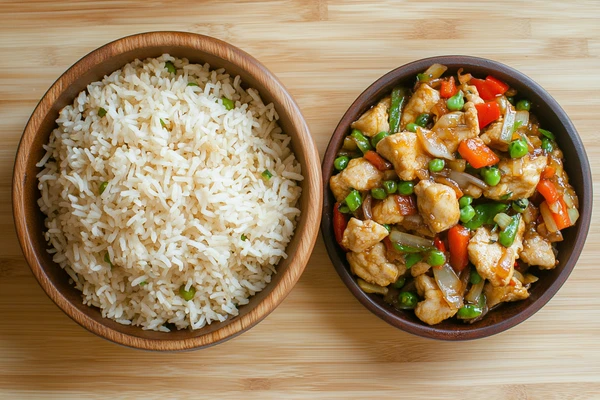 Steamed rice served with chicken stir fry and colorful vegetables, showcasing a perfect side dish for chicken stir fry.