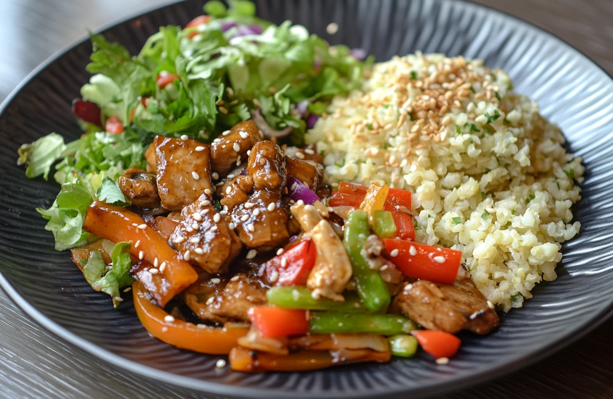 Stir fry served with a fresh salad and rice garnished with sesame seeds, a perfect side dish combination to serve with stir fry