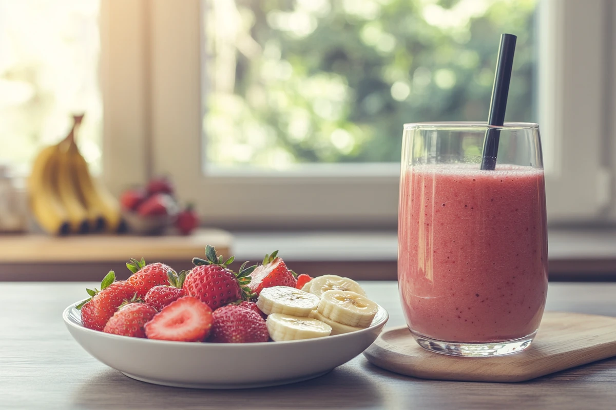 Glass of Strawberry and Banana Smoothie without yogurt next to a plate of fresh strawberries and banana slices.