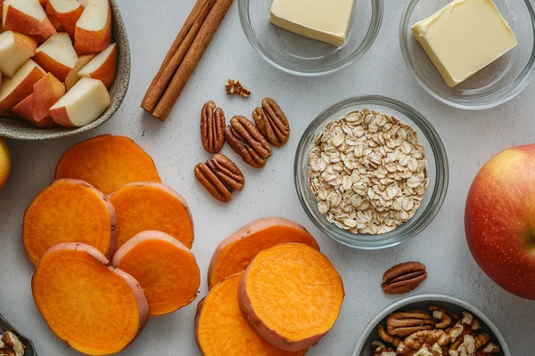 Ingredients for Sweet Potato and Apple Casserole, including sweet potatoes, apples, oats, butter, pecans, and cinnamon sticks.