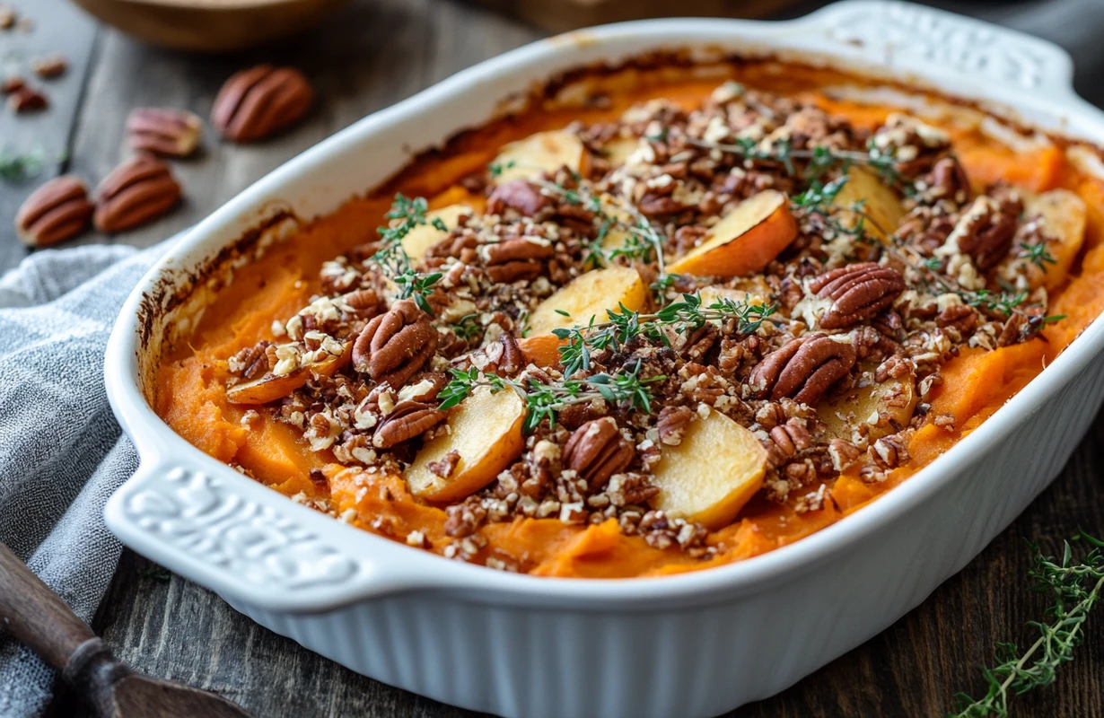 A close-up of Sweet Potato and Apple Casserole topped with pecans, apple slices, and fresh thyme in a white baking dish.