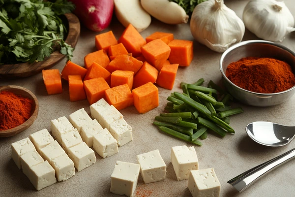 Ingredients for Sweet Potato Hash with Tofu, featuring cubed sweet potatoes, tofu, green beans, garlic, and paprika.