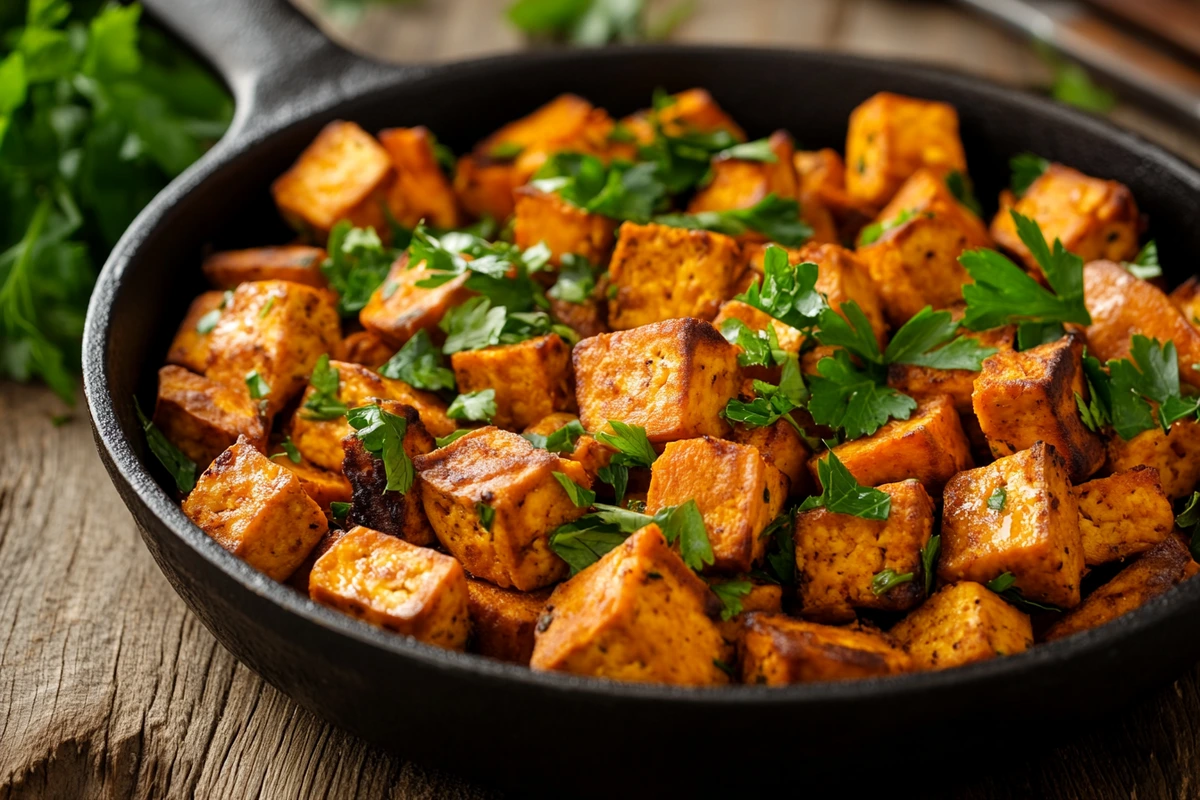 Sweet Potato Hash with Tofu in a skillet, garnished with fresh parsley for a vibrant and flavorful finish