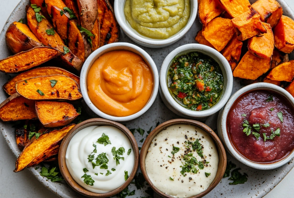 A platter of roasted sweet potatoes with a variety of sauces, including creamy garlic aioli, tangy chimichurri, and sweet apple sauce.