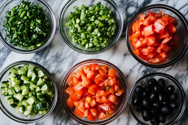 Fresh taco dip ingredients in bowls, including diced tomatoes, cucumbers, black olives, and green onions, for a recipe without sour cream.