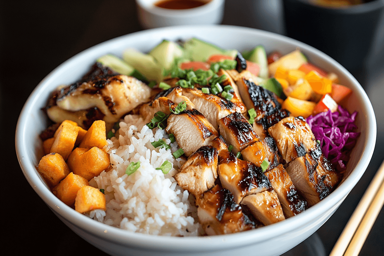 Teriyaki bowl with grilled chicken, rice, and fresh vegetables served in a white bowl