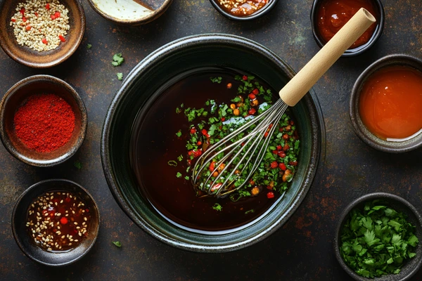 Freshly prepared teriyaki marinade with soy sauce, herbs, and red chili, surrounded by seasonings.