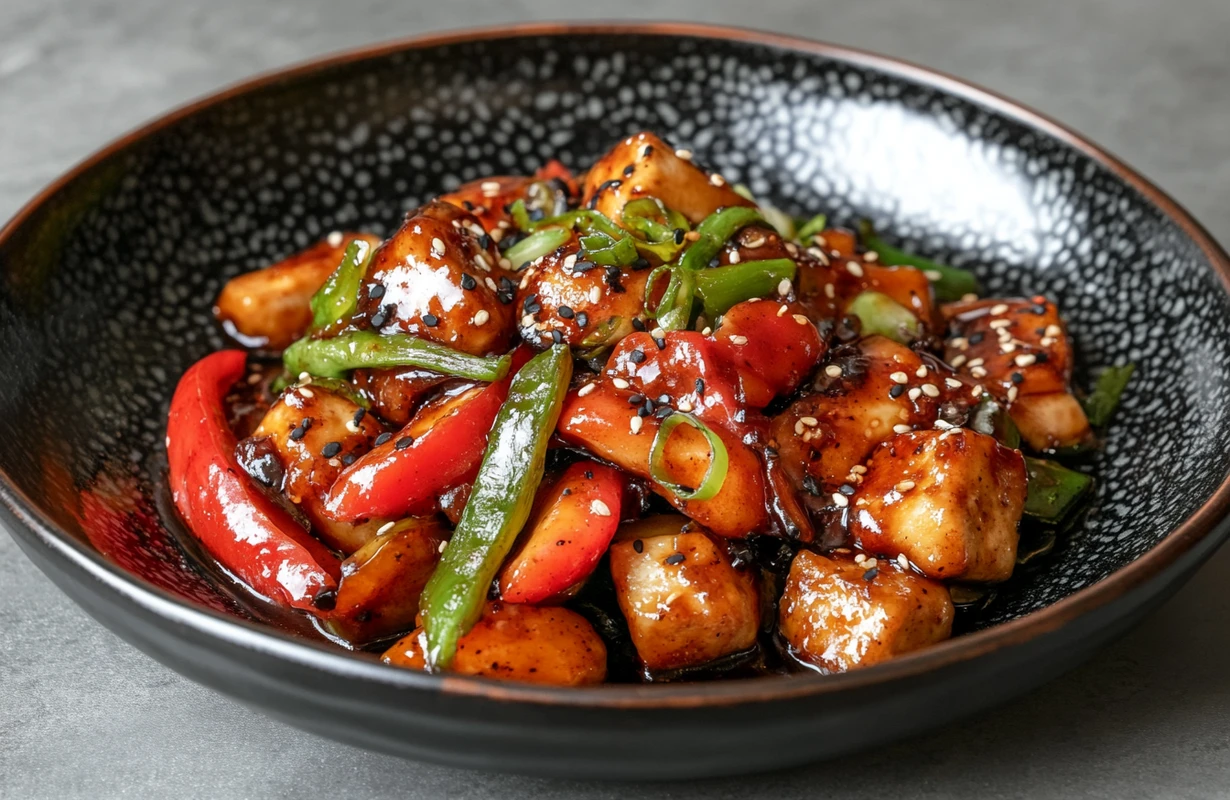 Stir-fried vegetables and tofu with teriyaki marinade, garnished with sesame seeds and scallions.