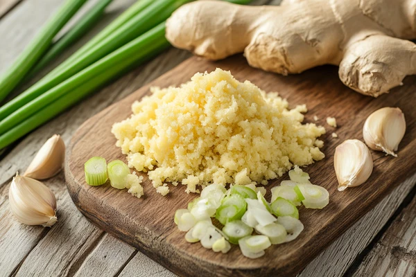 Fresh ginger, garlic, and green onions on a cutting board, key ingredients for preparing teriyaki sauce.