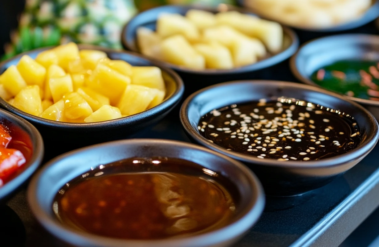 Various teriyaki sauce options in bowls, including classic and pineapple-flavored, with sesame seeds as garnish.