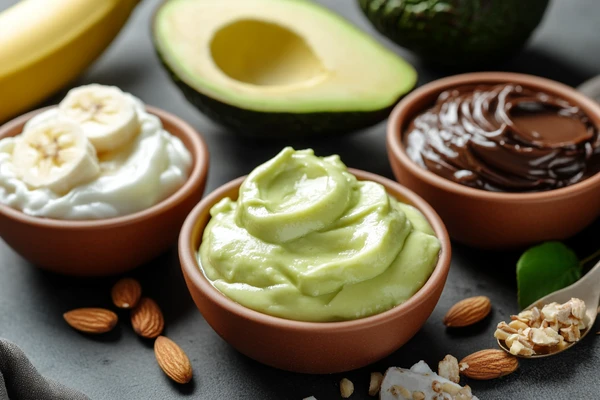 Avocado, banana, and chocolate spreads displayed as yogurt alternatives to thicken a smoothie without yogurt.