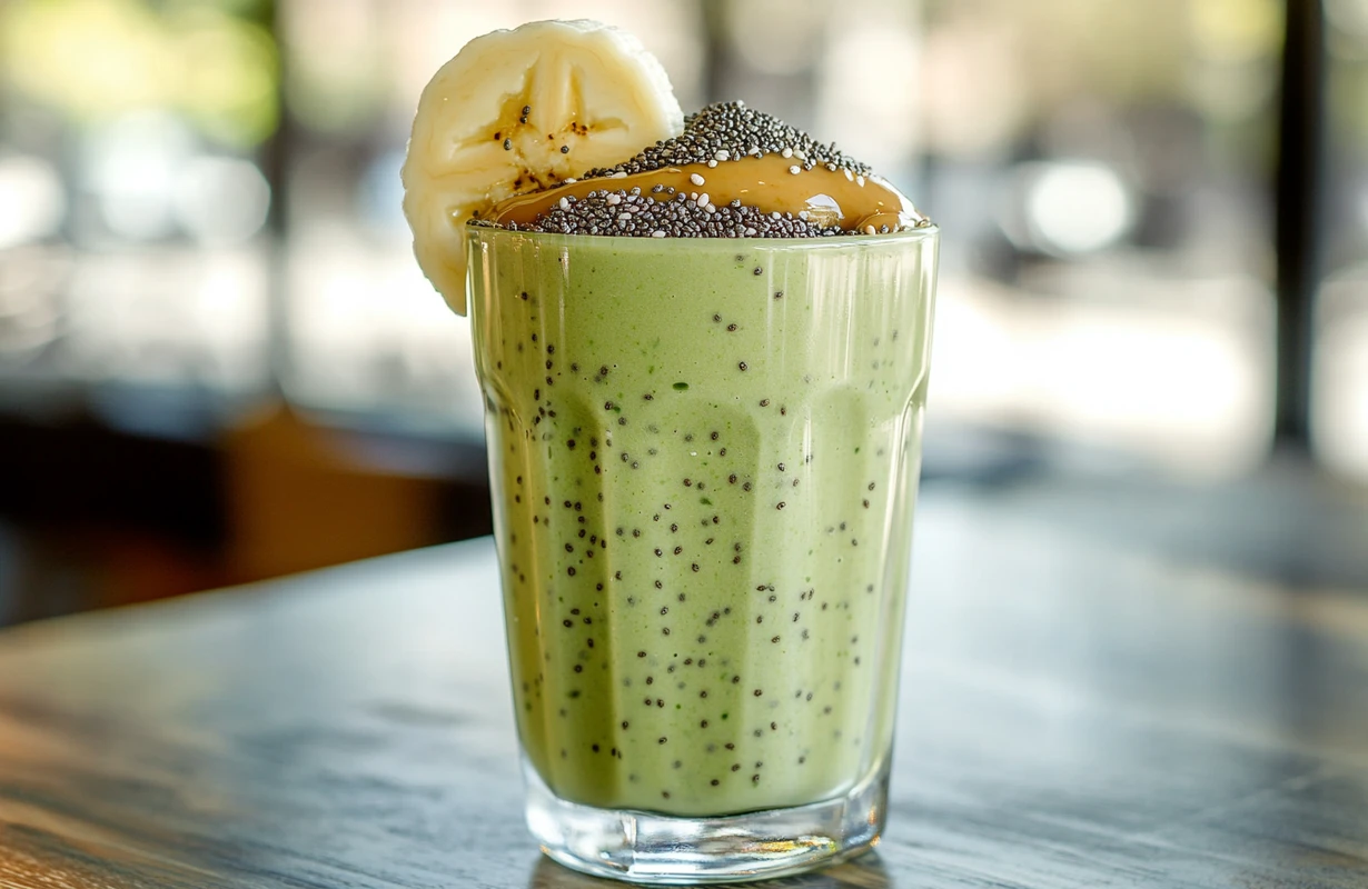 A green smoothie topped with chia seeds, peanut butter, and banana slices, showing how to thicken a smoothie when you don’t have yogurt.