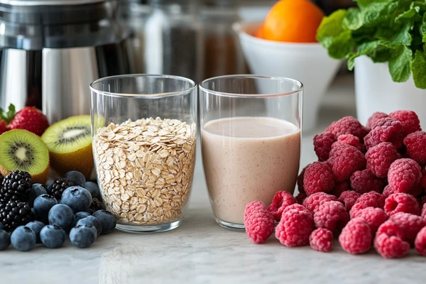 Ingredients to thicken my smoothie without yogurt, featuring oats, almond milk, fresh raspberries, blueberries, and kiwi on a countertop.