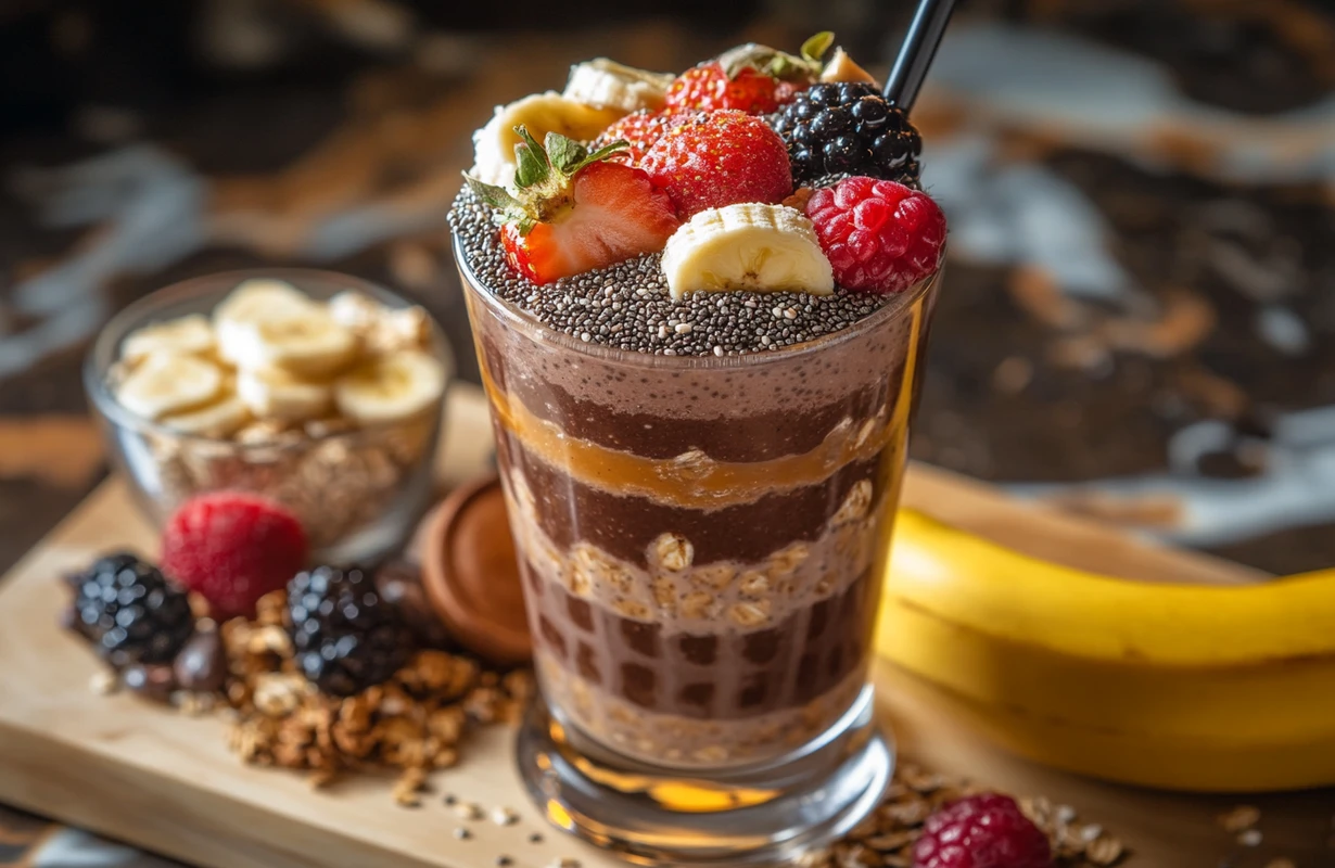 A thick layered smoothie made without yogurt, garnished with chia seeds, oats, bananas, and fresh berries.