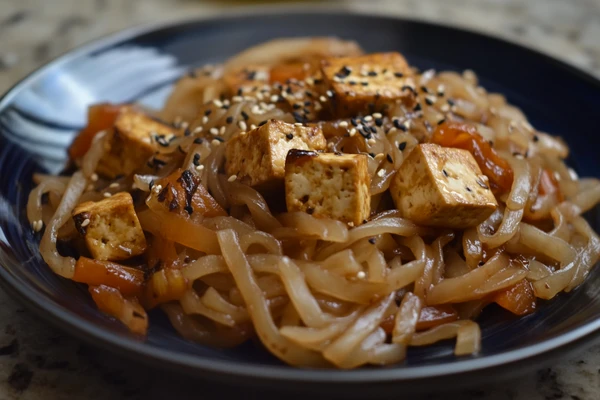 Tofu and noodles topped with sesame seeds, served as a flavorful side dish to complement stir fry