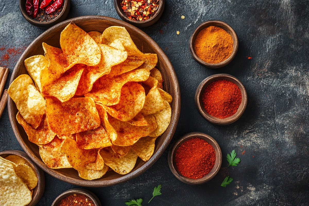 A bowl of spicy chips with small bowls of chili powder, paprika, and red pepper flakes on a dark surface.