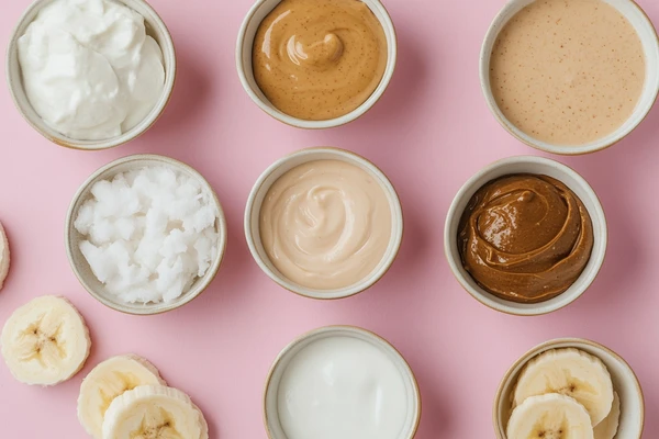 This image showcases an assortment of yogurt substitutes for banana smoothies, such as creamy coconut cream, peanut butter, and almond butter, placed in small bowls on a pink background with fresh banana slices.